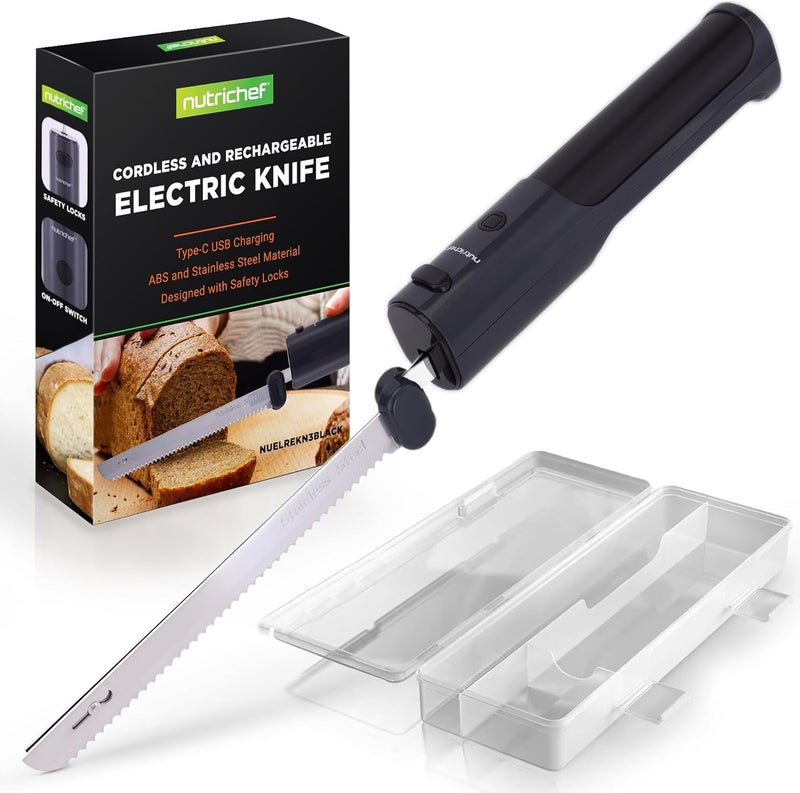 NutriChef Cordless Electric Knife | Easy to Use Constant ON/OFF Safety Function | Lightweight Kitchen Knife | Carve Turkey, Meats, Poultry, Bread & Cheese | 11.42’’ Stainless Steel Blades | Black - Image 1